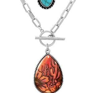 Boho 2 Pcs Western Turquoise Necklace Concho Turquoise Pendant Desert Chunky